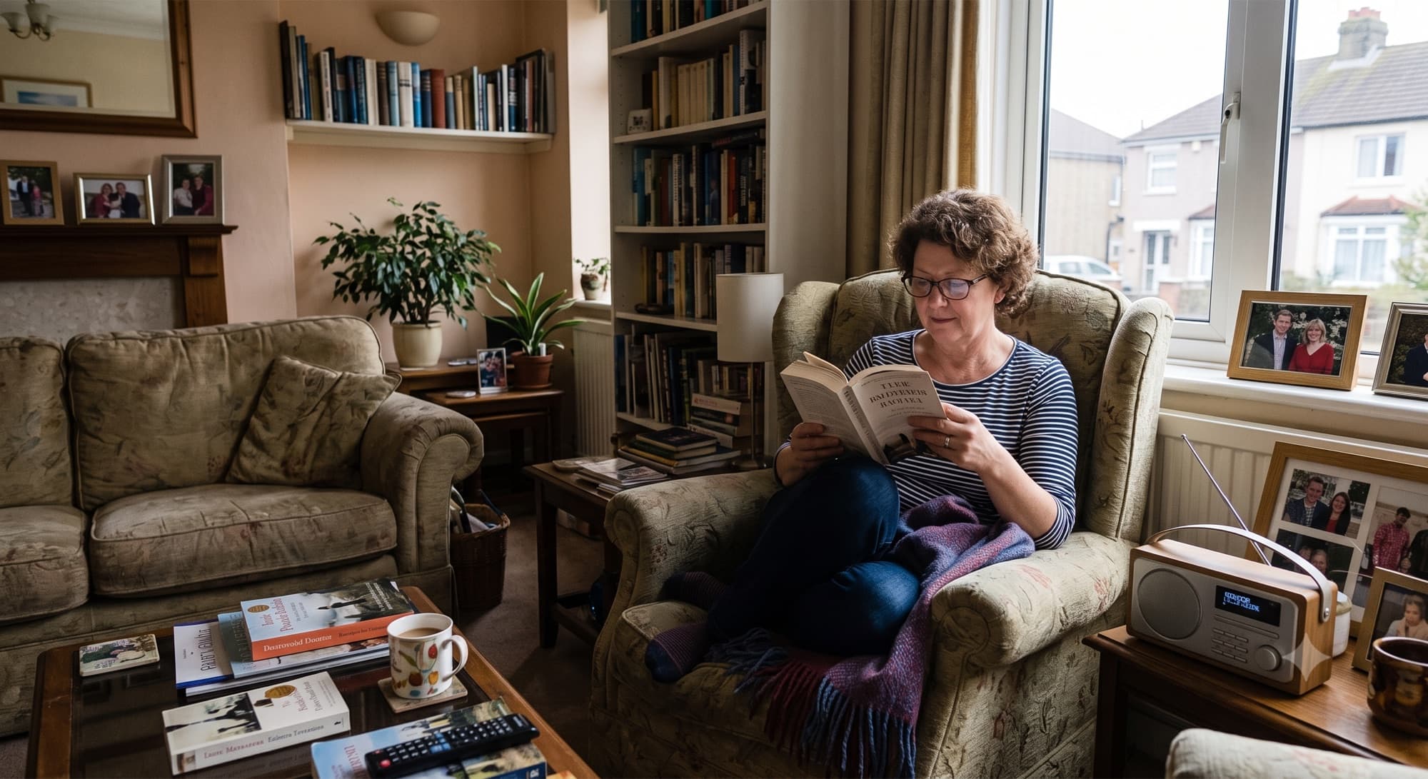 A resident reading in the living room of a well-maintained home